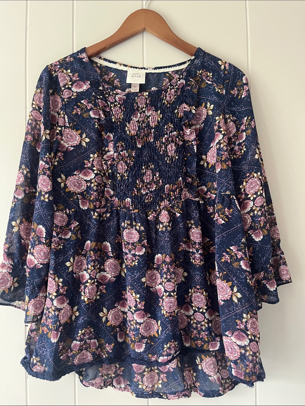 Rose & Olive Navy Floral Smocked Tunic with Pink Roses